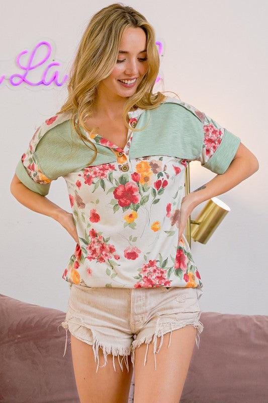 BiBi Floral Button Detail Round Neck Short Sleeve Terry T-Shirt | T-Shirts Daverri Fashions