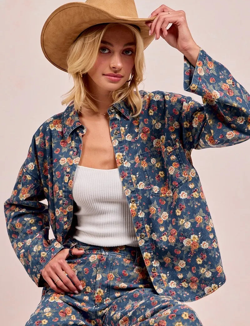 BiBi Washed Floral Print Denim Jacket | Shackets Daverri Fashions