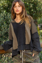 POL Color Block Waffle Knit Raw Hem Sweatshirt | Sweatshirts Daverri Fashions