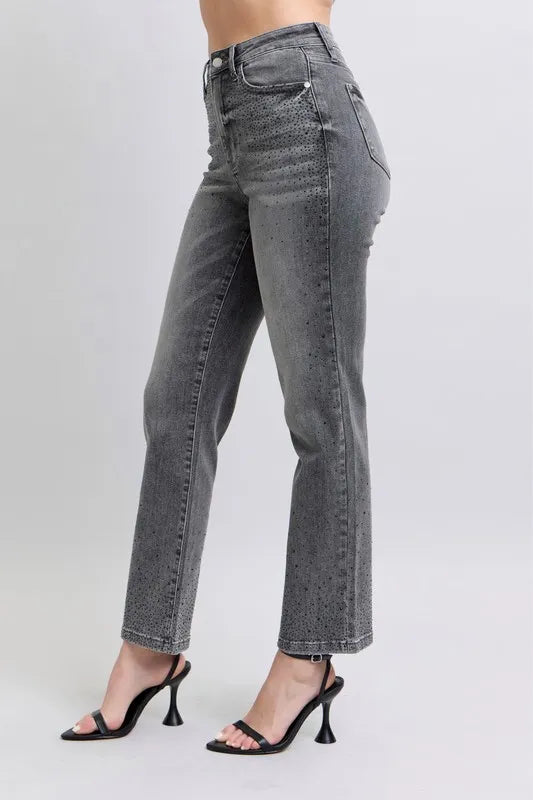 Judy Blue Full Size High Waist Rhinestone Straight Jeans Plus Size | Daverri Fashions