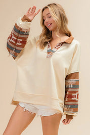 CREAM BiBi French Terry Knit and Aztec Print Mixed Top | Tops Daverri Fashions