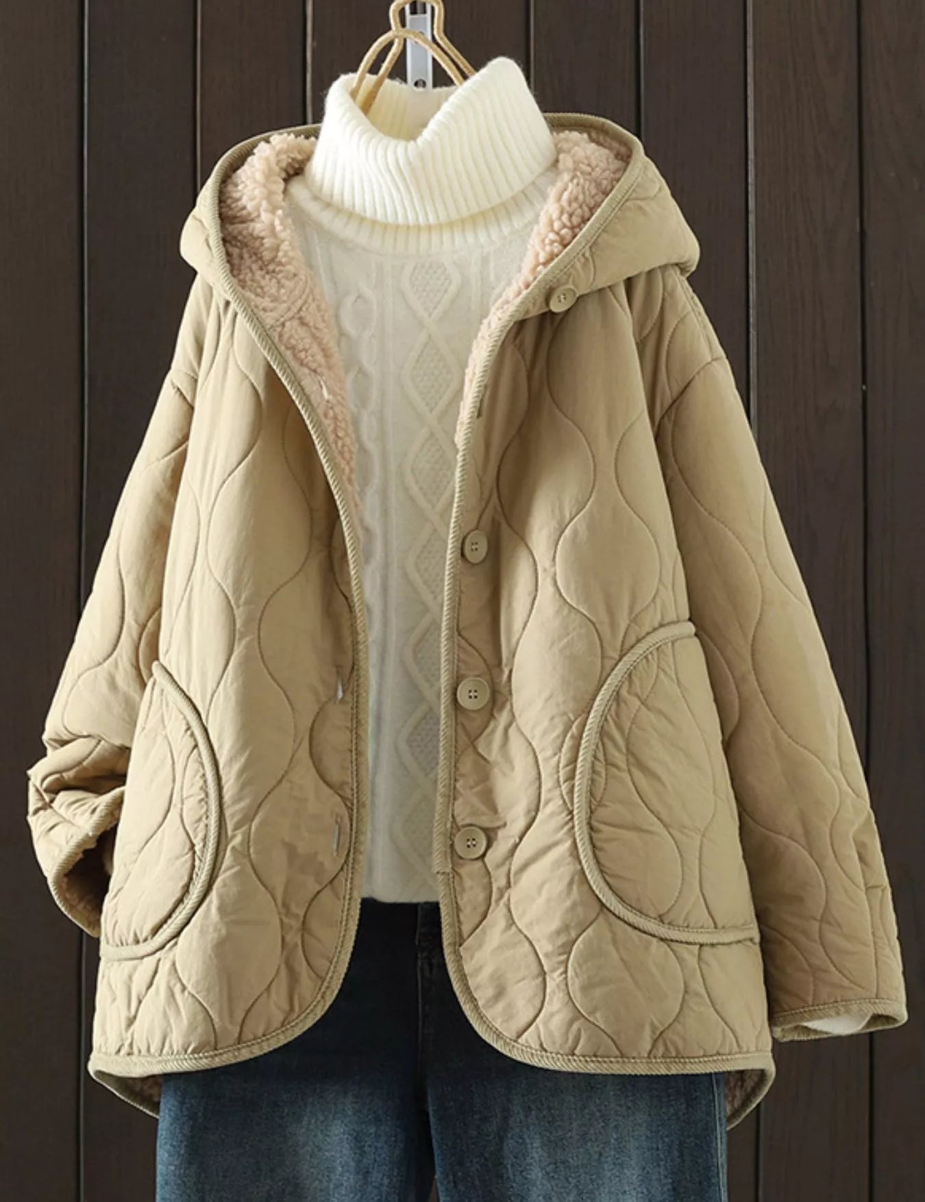 Tan Quilted Hooded Sherpa Lined Jacket | Jackets Daverri Fashions
