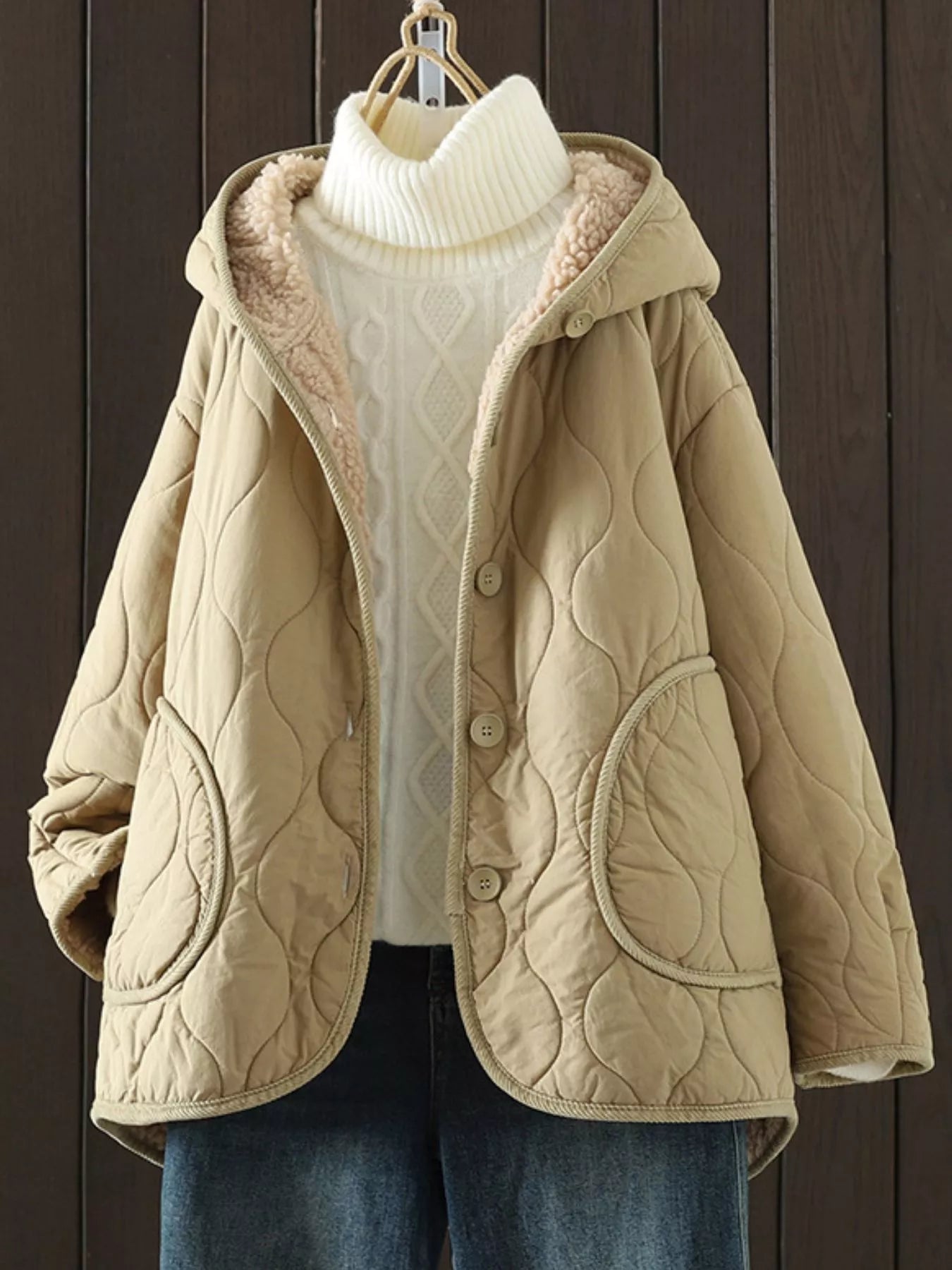 Tan Quilted Hooded Sherpa Lined Jacket | Jackets Daverri Fashions