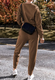 Side Slit Round Neck Long Sleeve Top and Pants Set | Loungewear Sets Daverri Fashions