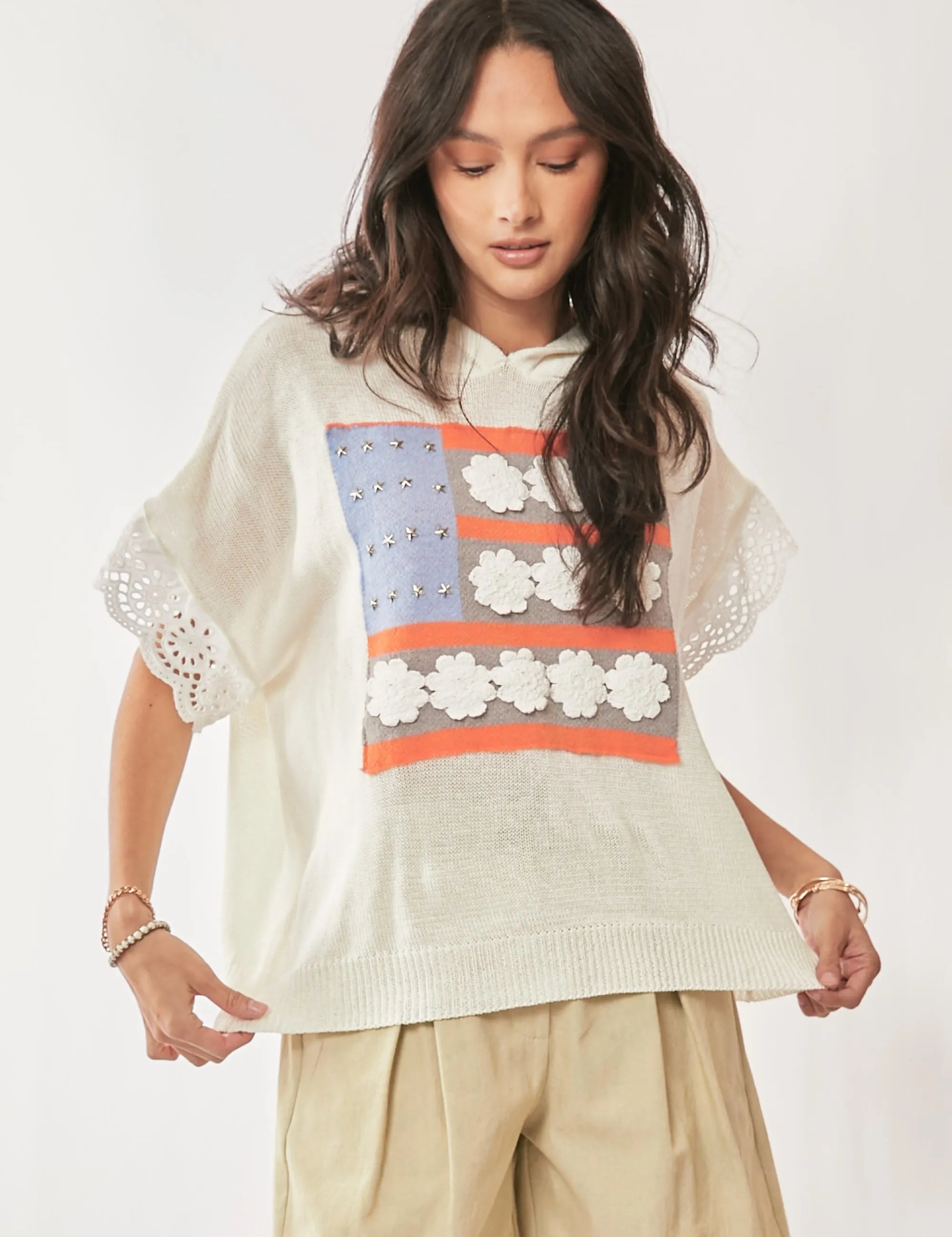 Davi & Dani American Flag Loose Fit Lace Sleeve Hoodie Top | Tops Daverri Fashions
