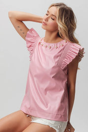 BiBi Leather Look Smocked Ruffled Top | Tops Daverri Fashions