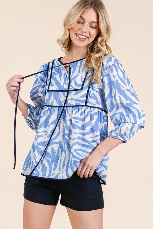 Lime 'N' Chili Graphic Print Solid Trim Quarter Sleeve Blouse | Daverri Fashions