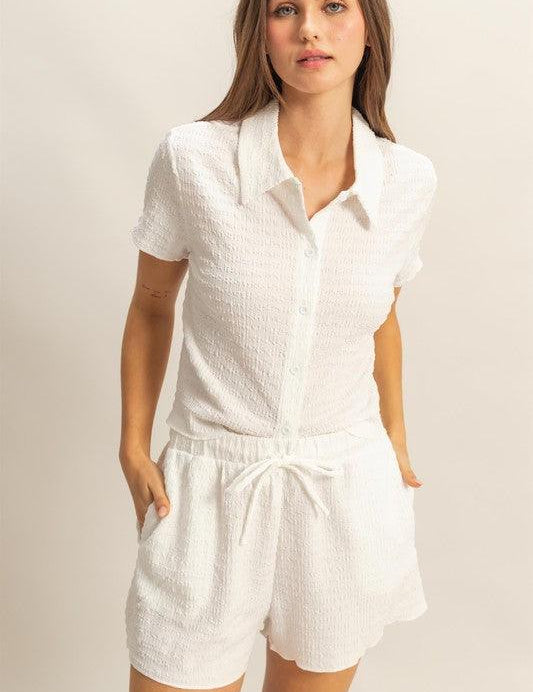 White HYFVE Textured Short Sleeve Top and Drawstring Shorts Knit Set | Outfit Sets Daverri Fashions