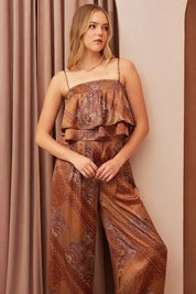 HAZELNUT L Mittoshop Paisley Patchwork Print Satin Ruffle Crop Cami | Cami Tops Daverri Fashions