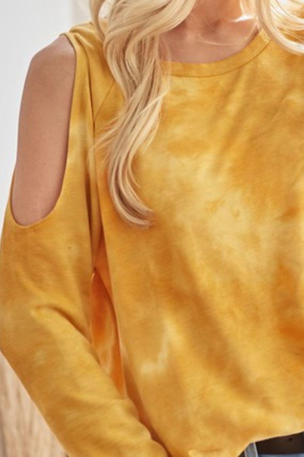 BiBi Tie-Dye French Terry Round Neck Cold Shoulder T-Shirt | T-Shirts Daverri Fashions