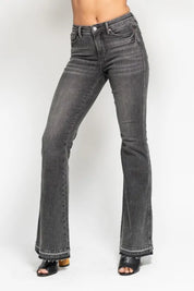 Judy Blue Full Size Mid Rise Tummy Control Washed Gray Release Hem Flare Jeans Plus Size | Daverri Fashions