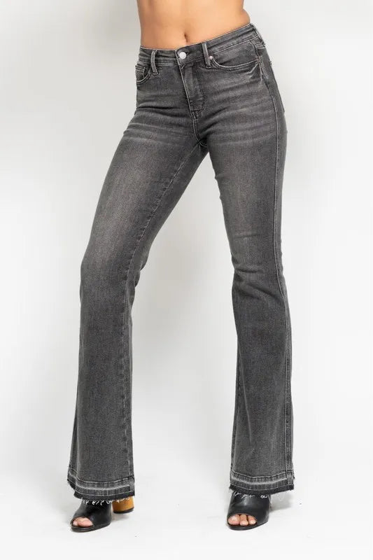 Judy Blue Full Size Mid Rise Tummy Control Washed Gray Release Hem Flare Jeans Plus Size | Daverri Fashions
