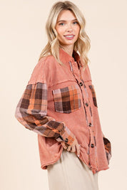 Mittoshop Button Down Contrast Plaid Patchwork Shacket | Daverri Fashions