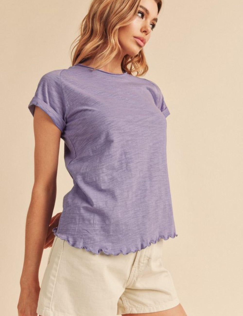 Lilac Aemi + Co Lettuce Edge Round Neck Short Sleeve T-Shirt | T-Shirts Daverri Fashions