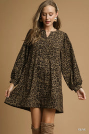 Olive Umgee Leopard Print Long Sleeve Swing Dress | Mini Dresses Daverri Fashions