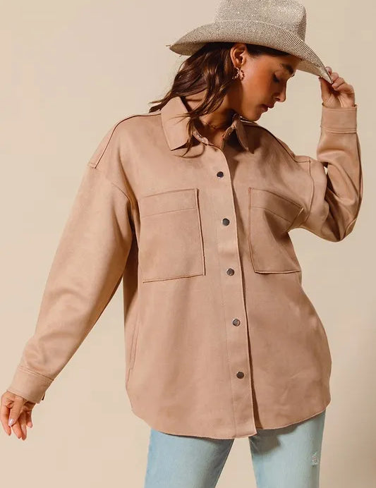 SO ME Faux Sued Snap Shacket with Collar and Pockets | Daverri Fashions