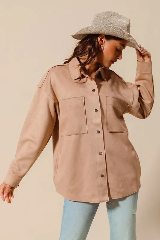 SO ME Faux Sued Snap Shacket with Collar and Pockets | Daverri Fashions