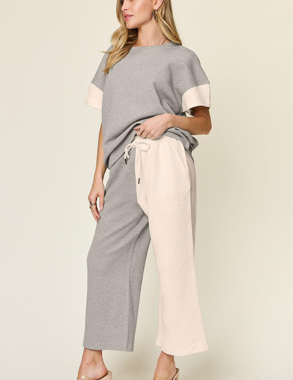 Double Take Full Size Texture Contrast T-Shirt and Wide Leg Pants Set | Outfit Sets Daverri Fashions