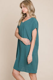 BOMBOM V-Neck Short Sleeve Dress with Pockets | Daverri Fashions