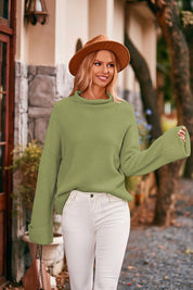 Matcha Green Mock Neck Drop Shoulder Sweater | Sweaters Daverri Fashions