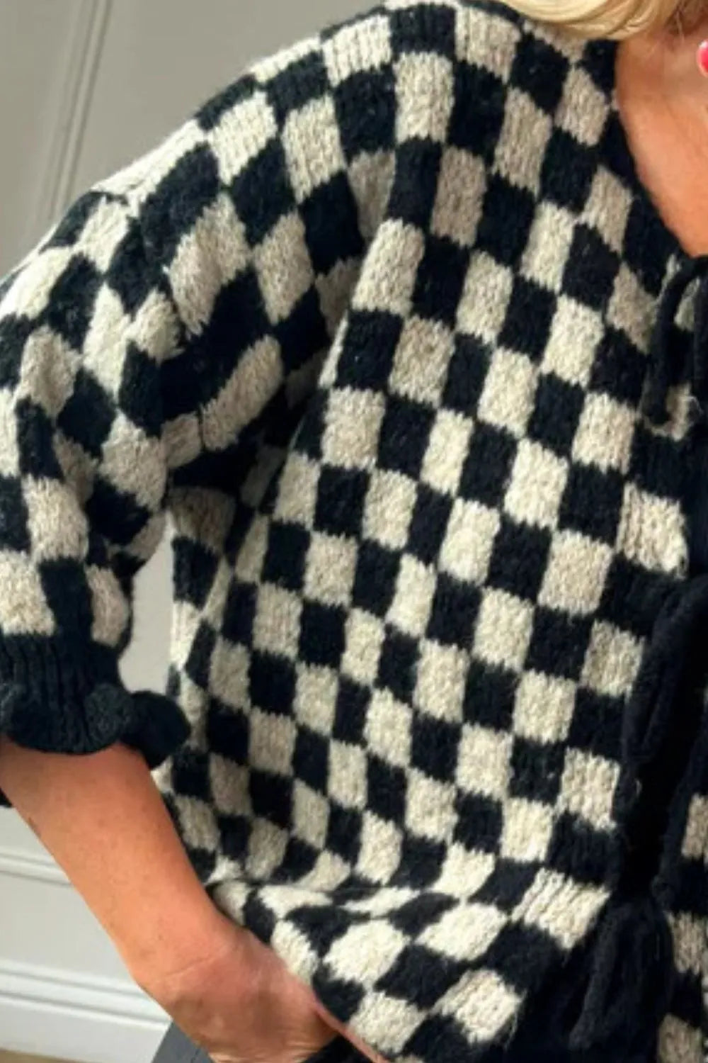 Double Take Tied Checkered Dropped Shoulder Flounce Sleeve Cardigan | Cardigans Daverri Fashions