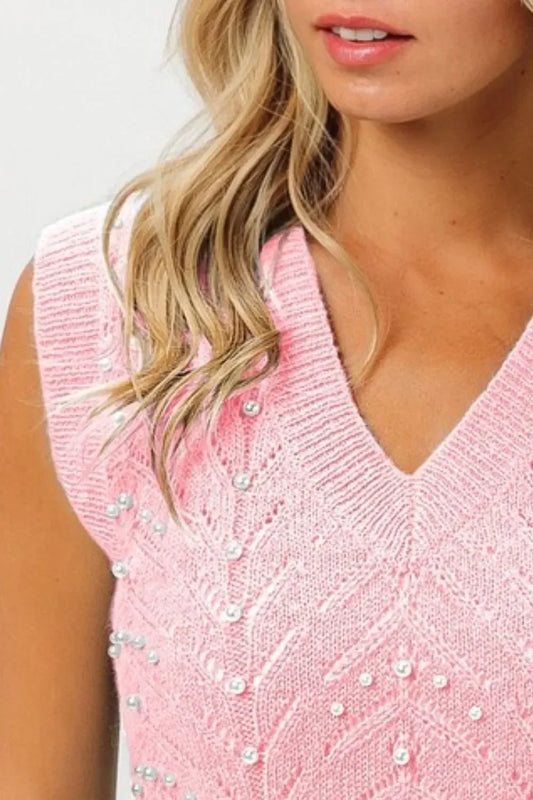 BiBi Blush Chevron Pointelle Pearl Knit Top - DAVERRI FASHIONS