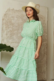 Davi & Dani Checkered Puff Sleeve Tiered Shirt Dress | Knee Length Dresses Daverri Fashions