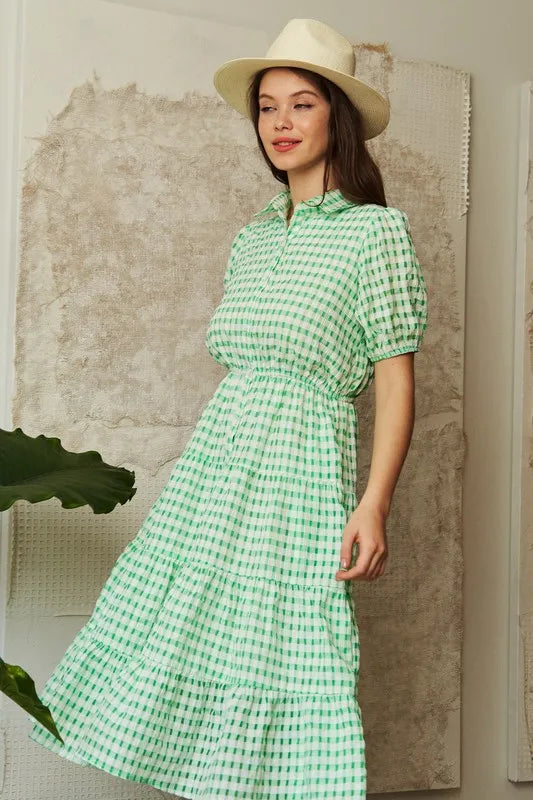 Davi & Dani Checkered Puff Sleeve Tiered Shirt Dress | Knee Length Dresses Daverri Fashions