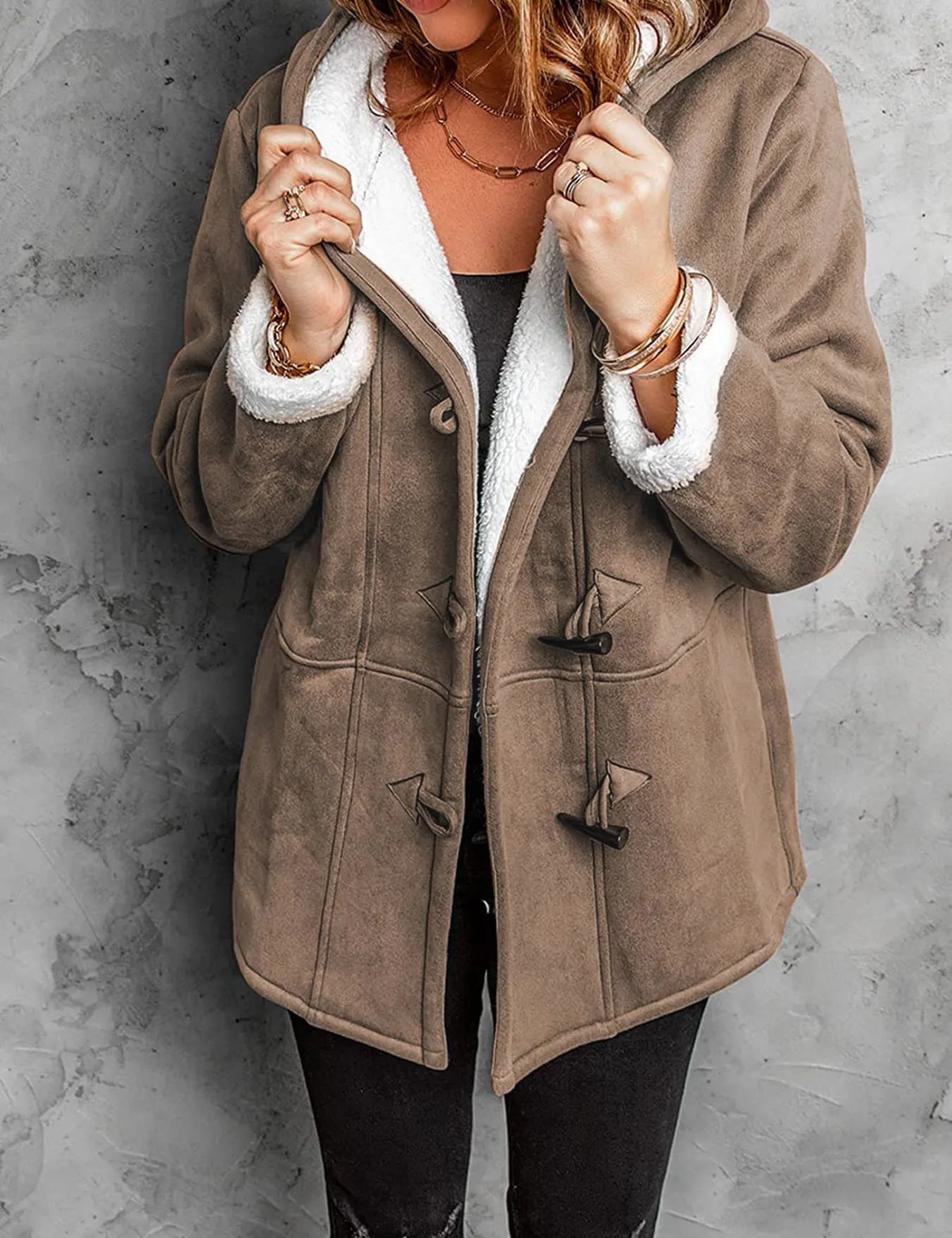 Brown Full Size Cozy Sherpa Lined Toggle Coat with Hood Plus Size | Coats Daverri Fashions
