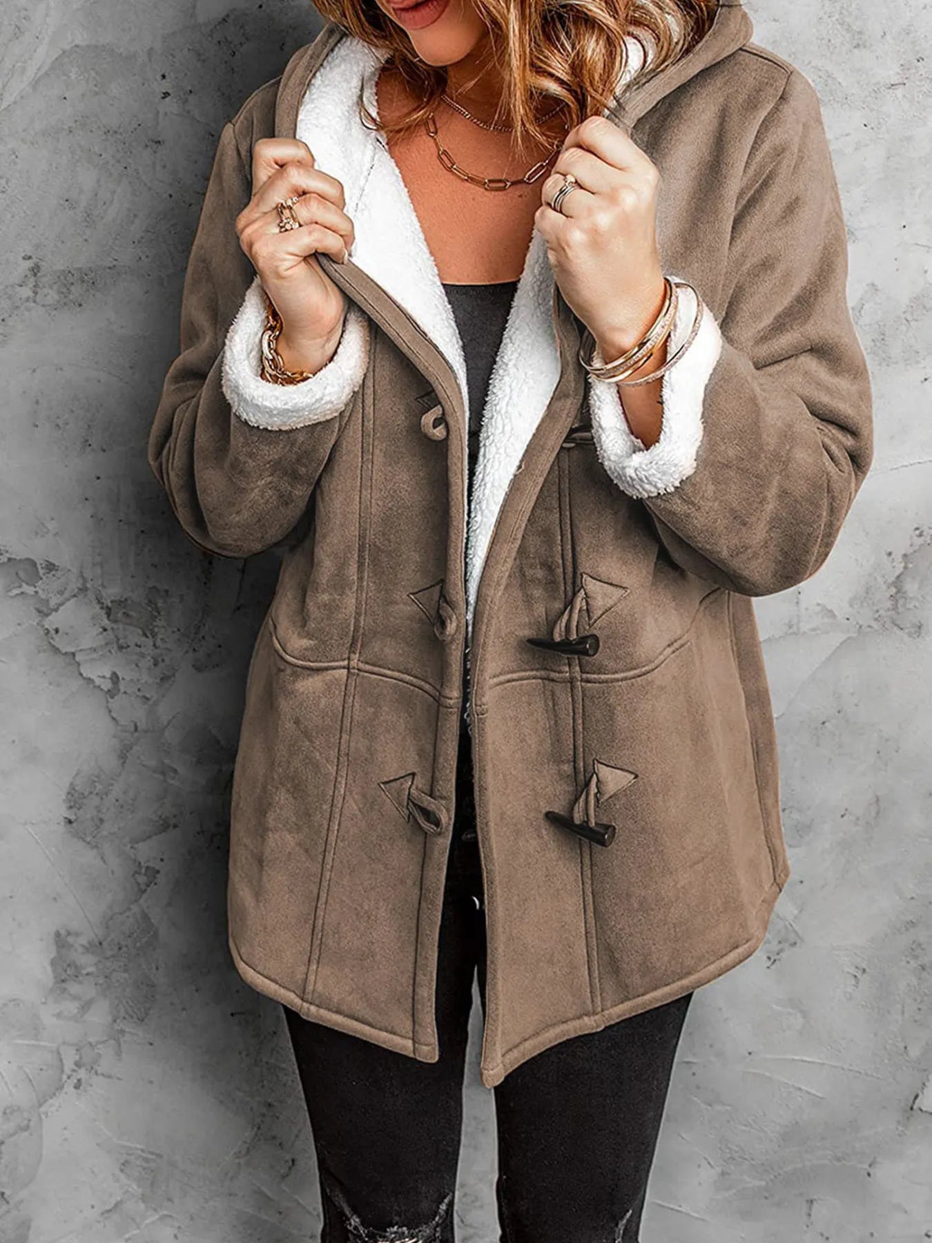 Brown Full Size Cozy Sherpa Lined Toggle Coat with Hood Plus Size | Coats Daverri Fashions