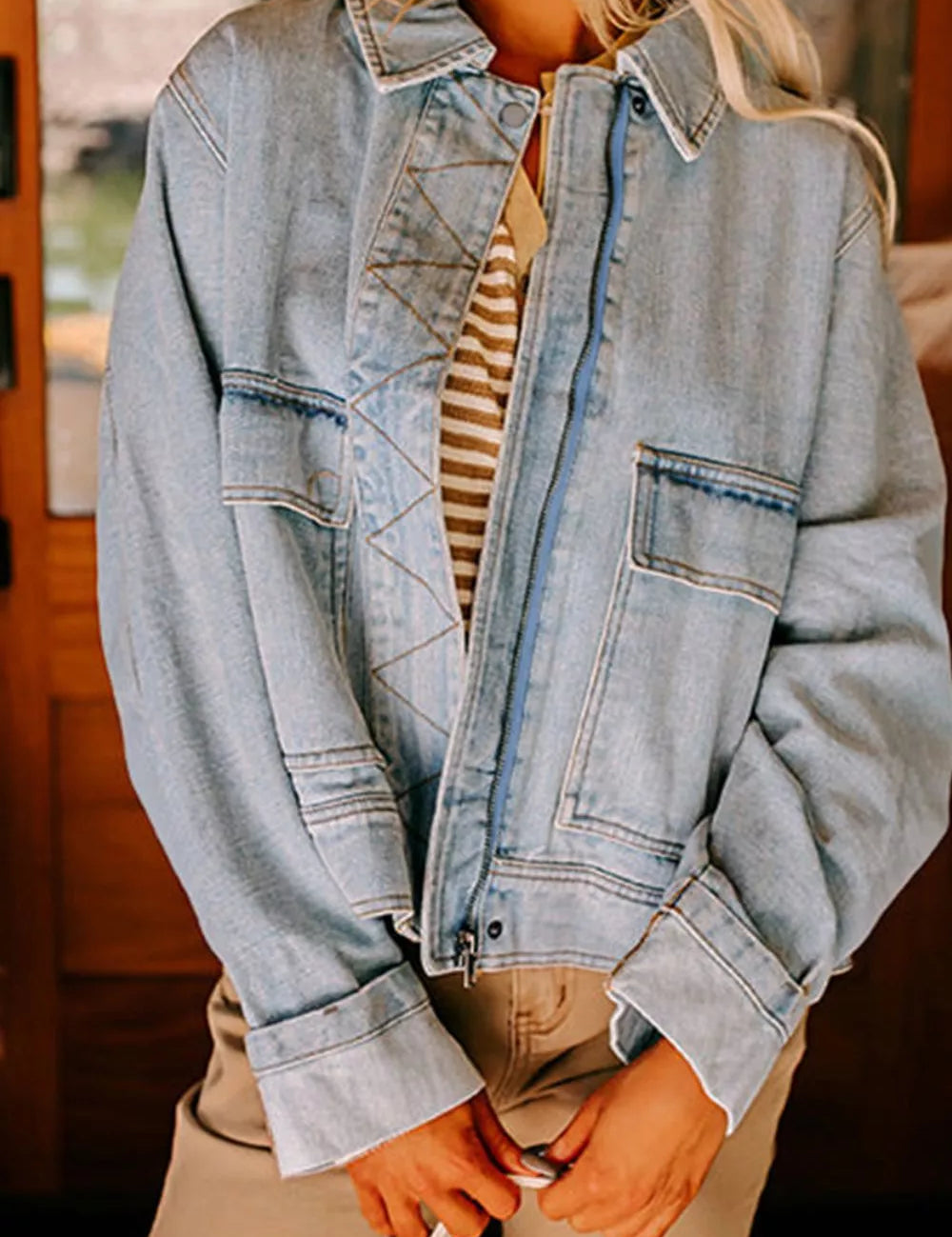 Medium Zip Up Drop Shoulder Denim Jacket | Denim Jackets Daverri Fashions
