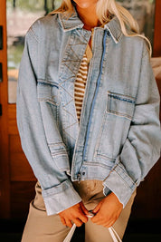 Medium Zip Up Drop Shoulder Denim Jacket | Denim Jackets Daverri Fashions