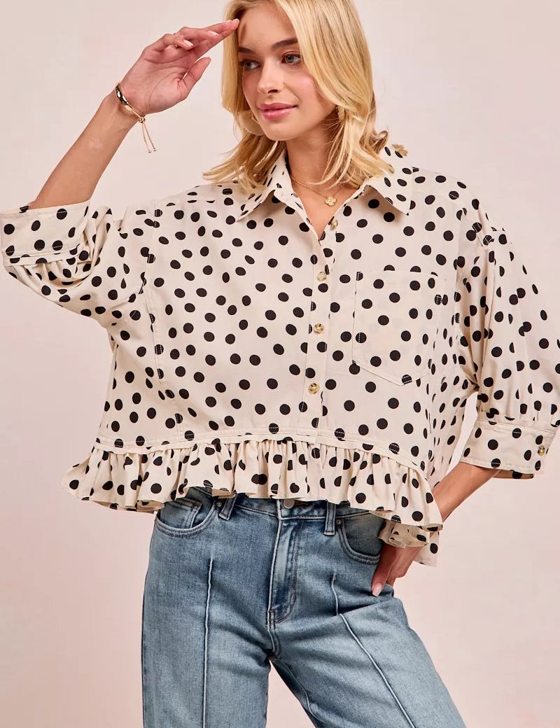 BiBi Polka Dot Printed Peplum Top with Front Button | Blouses Daverri Fashions