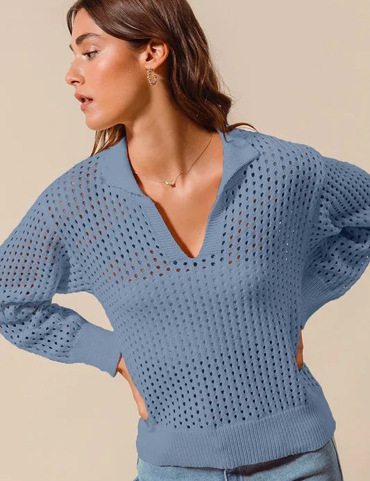 DENIM SO ME Open Knit Polo Sweater Top | Sweaters Daverri Fashions