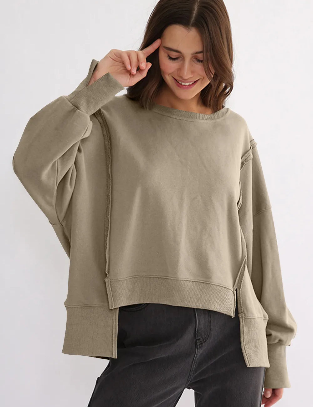 Exposed Seam High-Low Long Sleeve Sweatshirt | Daverri Fashions