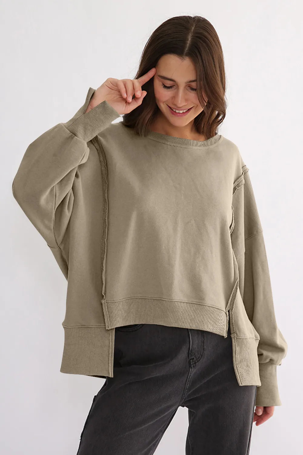 Exposed Seam High-Low Long Sleeve Sweatshirt | Daverri Fashions