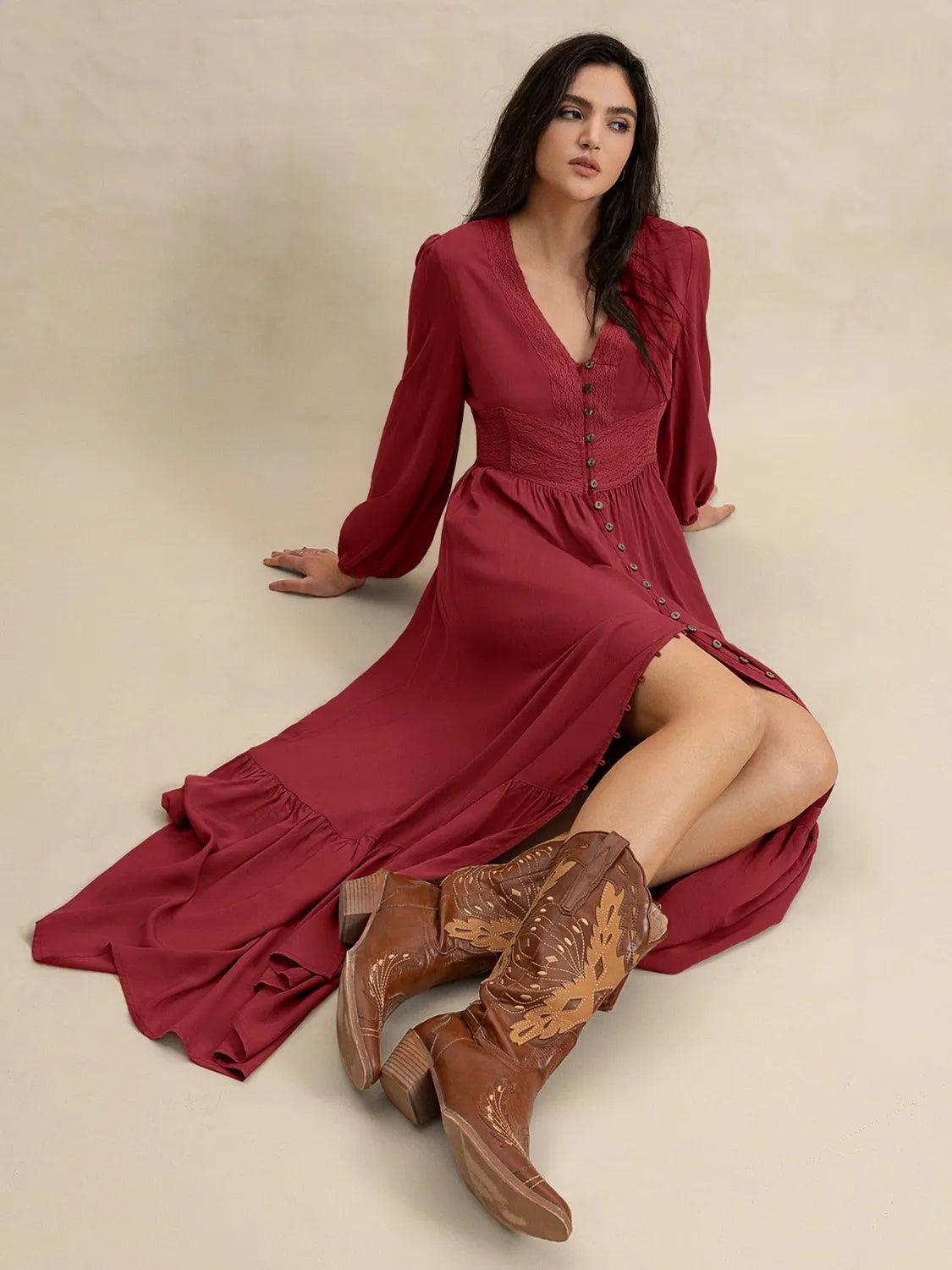 V-Neck Balloon Sleeve Ruffled Hem Maxi Dress | Daverri Fashions
