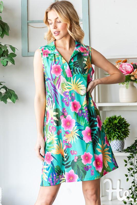 Heimish Full Size Floral Johnny Collar Sleeveless Dress | Mini Dresses Daverri Fashions