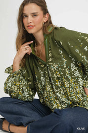 Umgee Floral Vine Print Blouse with Balloon Sleeves | Blouses Daverri Fashions