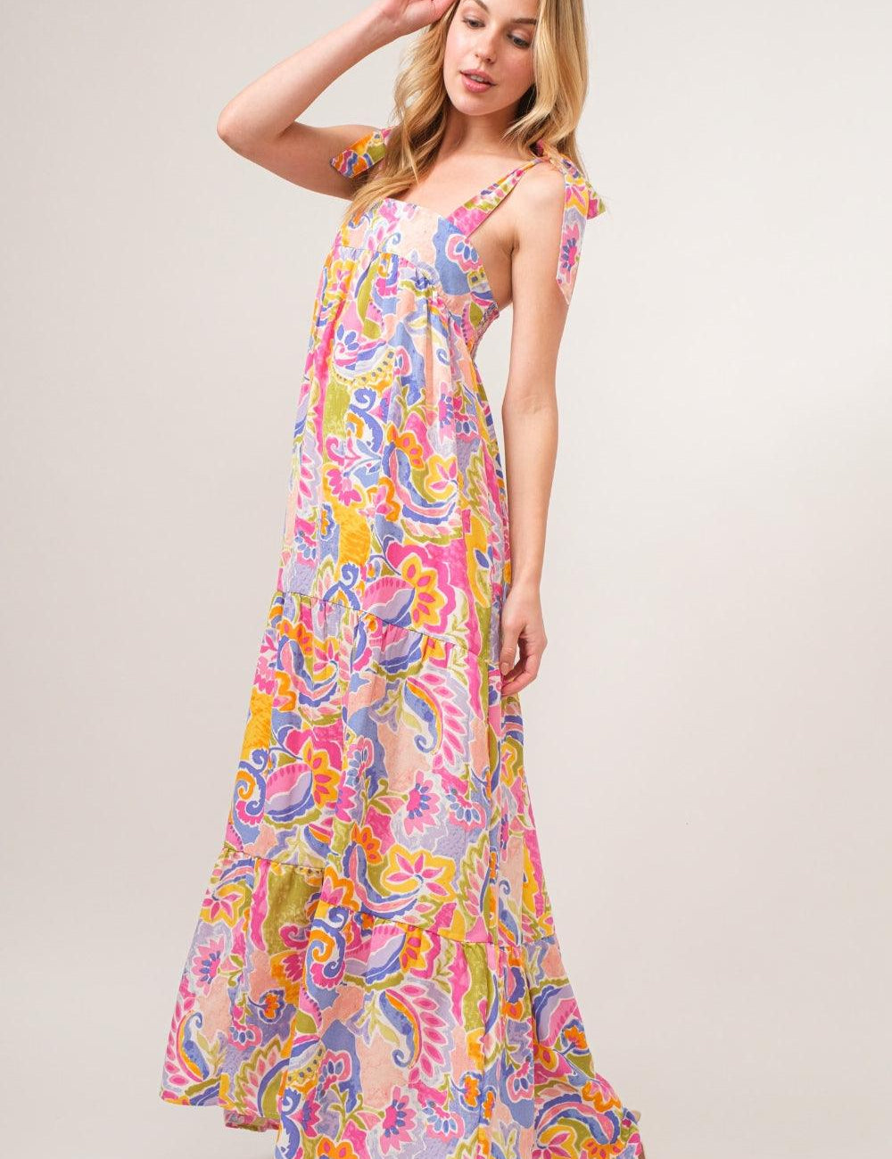 Multicolor And The Why Full Size Printed Tie Shoulder Tiered Maxi Dress | Daverri Fashions