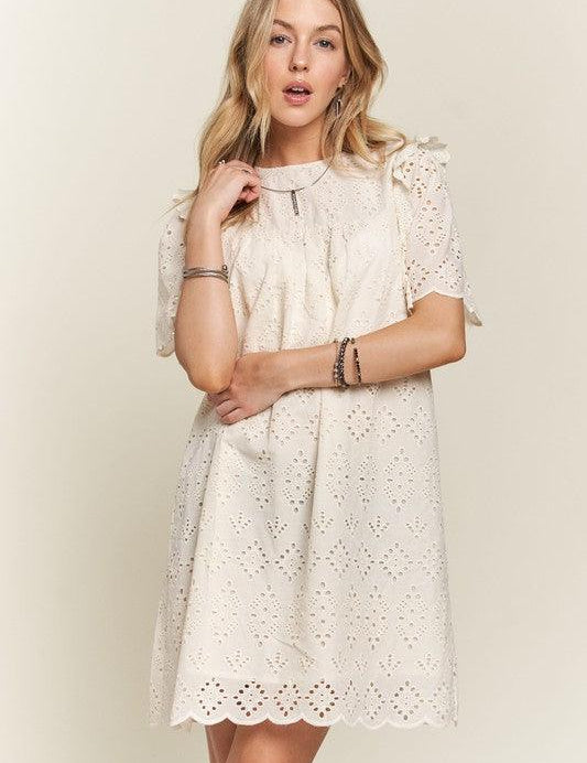 NATURAL ADORA Ruffled Eyelet Round Neck Dress | Daverri Fashions