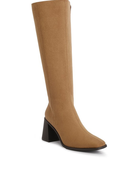 TAUPE Paytin Faux Leather Block Heel Calf Length Boots | Boots Daverri Fashions
