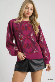 BERRY Umgee Boho Patterned Long Sleeve Sweater | Sweaters Daverri Fashions