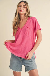 Hot Pink Aemi + Co Side Slit V-Neck Short Rolled Sleeve T-Shirt | Daverri Fashions
