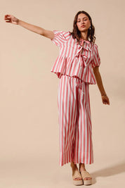 SO ME Front Tie Stripe Top With Puff Sleeves and Wide Leg Pants Set | Outfit Sets Daverri Fashions