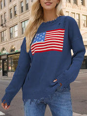 US Flag Distressed Round Neck Long Sleeve Sweater | Sweaters Daverri Fashions