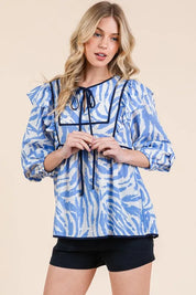 Lime 'N' Chili Graphic Print Solid Trim Quarter Sleeve Blouse | Daverri Fashions