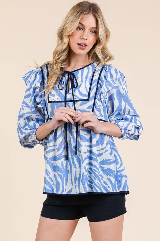 Lime 'N' Chili Graphic Print Solid Trim Quarter Sleeve Blouse | Daverri Fashions