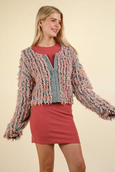 VERY J Shaggy Yarn Knit Zip Up Jacket | Daverri Fashions