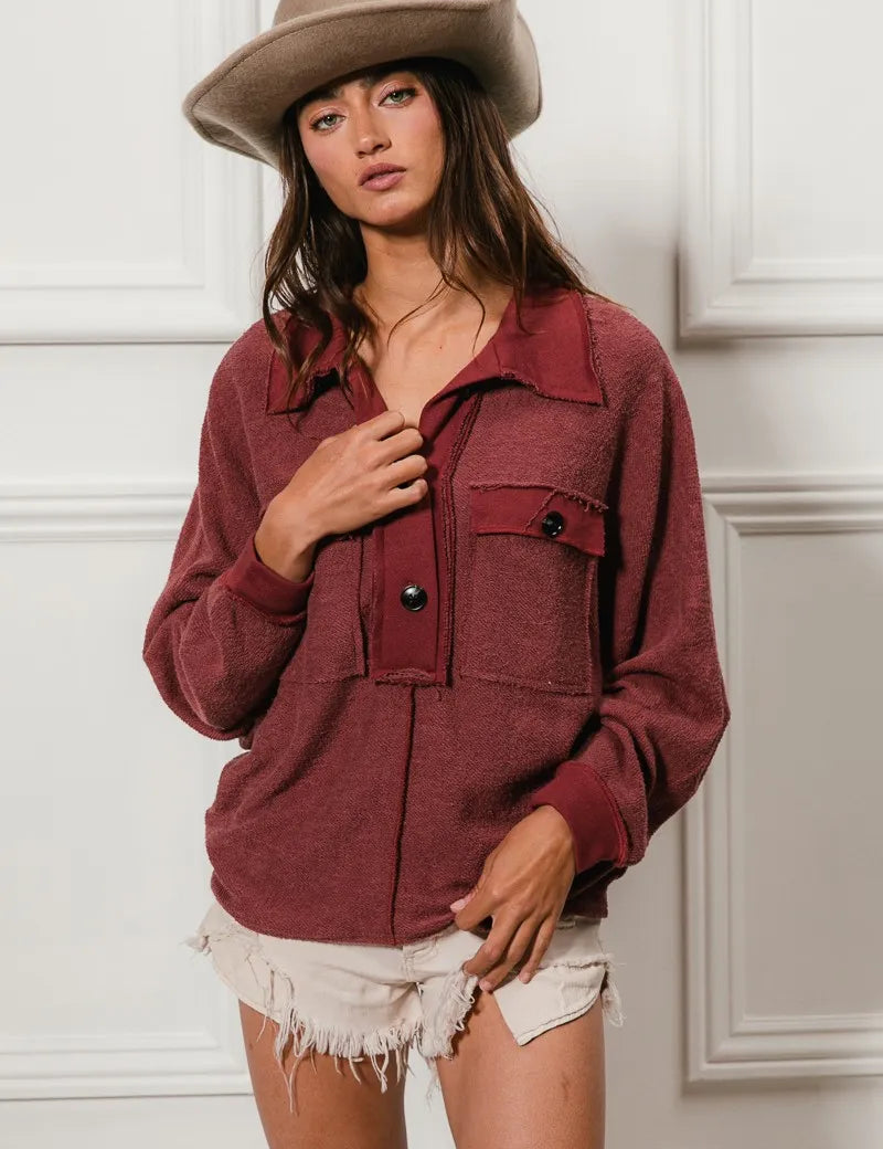 BiBi Cp French Terry Cut Edge Detail Collared Top | Tops Daverri Fashions